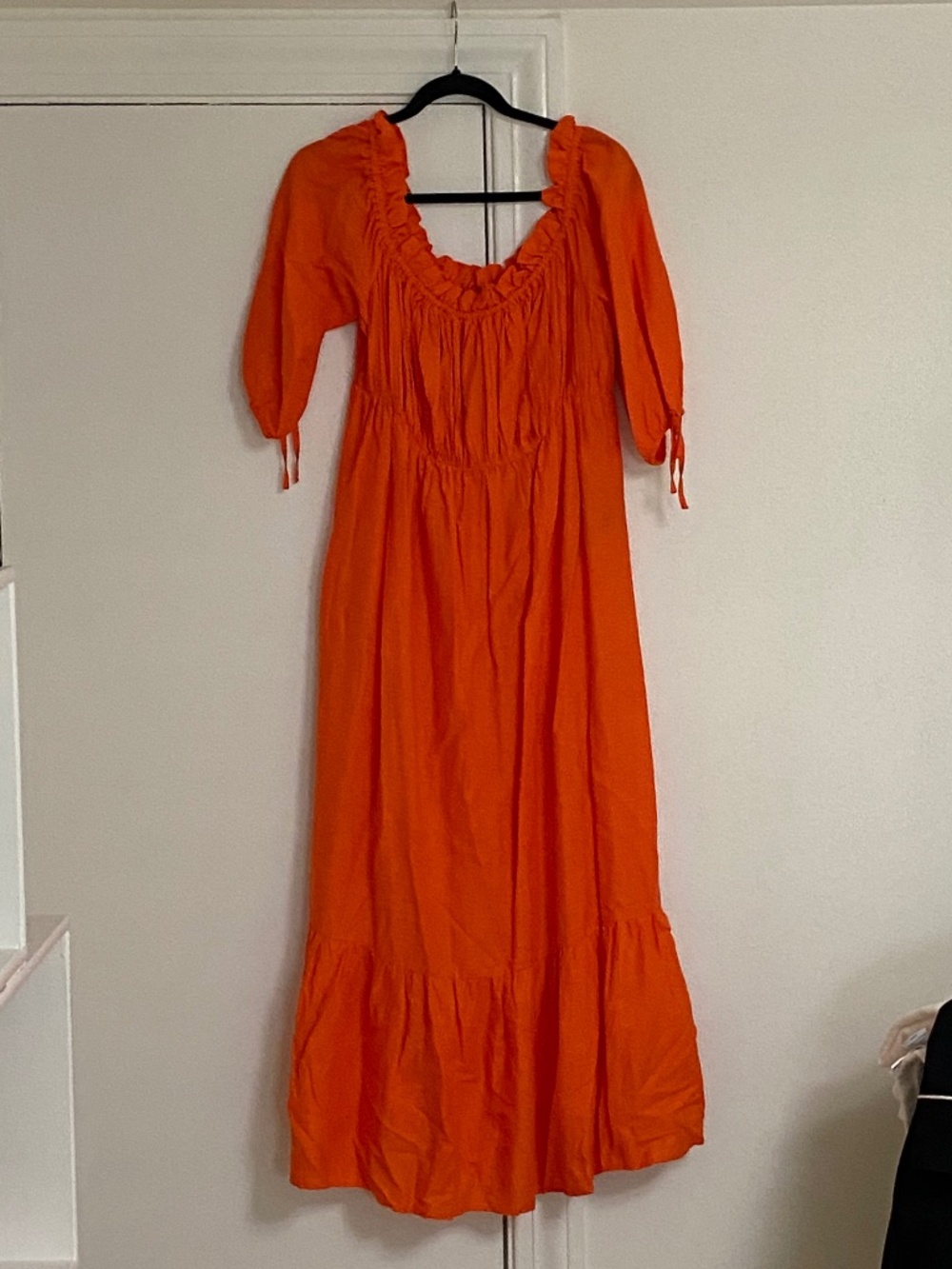 Bold Orange Midi Dress with Ruffled Scoop Neckline